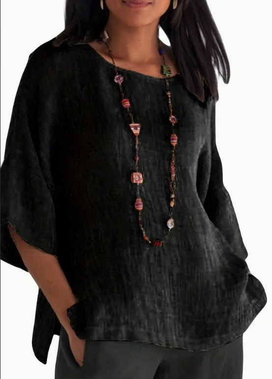 Sarah Express Women's Cotton Blend Round Neck Blouse 3/4 Sleeve Loose Fit Top