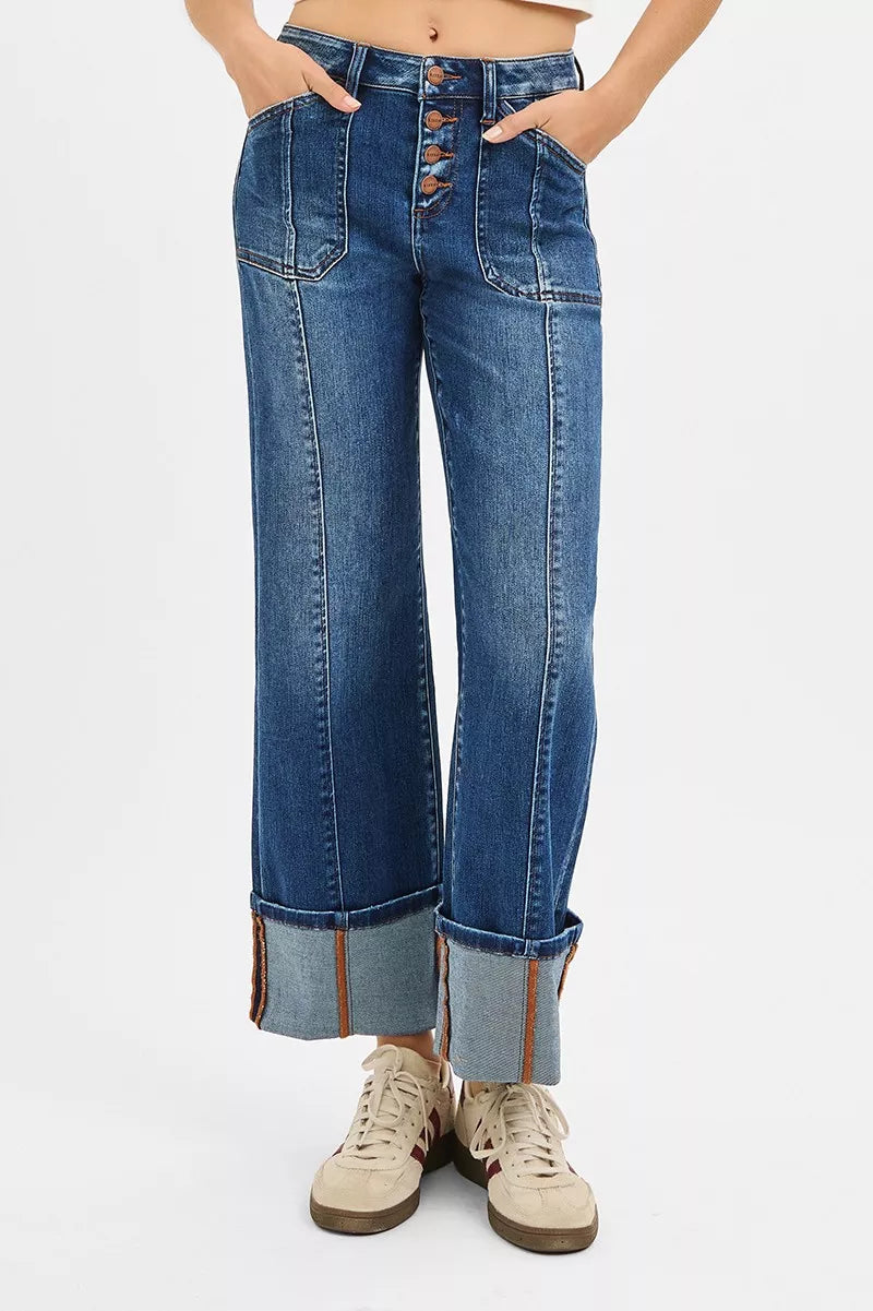 Sarah Express Women’s Plus Size High Rise Cuffed Straight Leg Jeans
