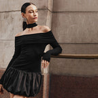 Sarah Express Off-Shoulder High Waist Dress Long Sleeve Contrast Stitching