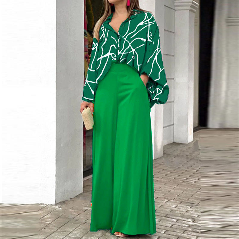 Sarah Express Women's Printed Shirt Wide Leg Pants Set Long Sleeve
