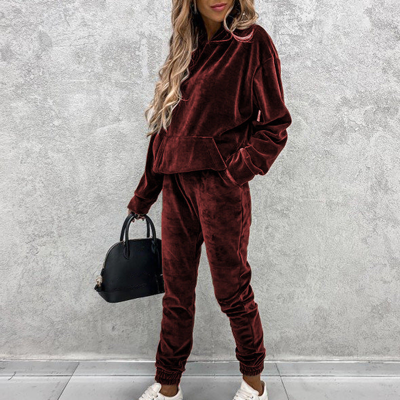 Sarah Express Velvet Hoodie Jogger Set Two-Piece Athleisure Tracksuit