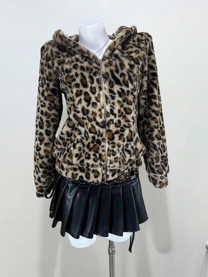 Sarah Express Women's Leopard Plush Zip-Up Hooded Jacket