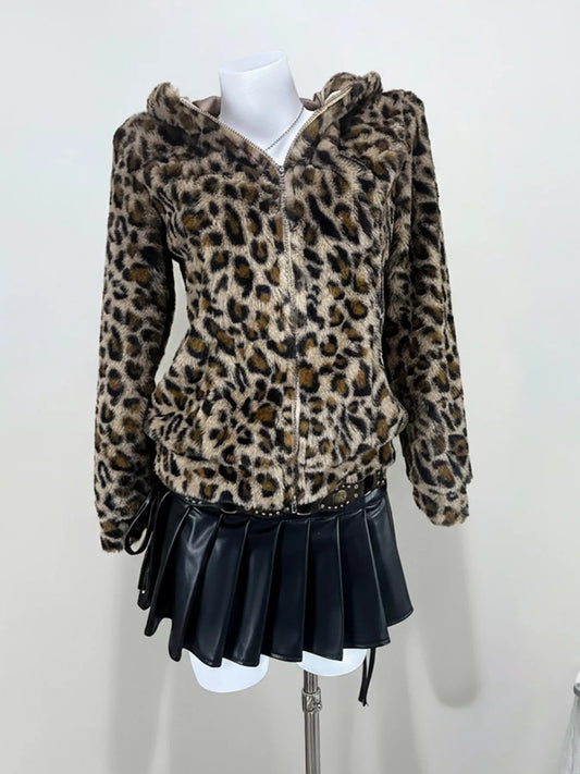 Sarah Express Women's Leopard Plush Zip-Up Hooded Jacket