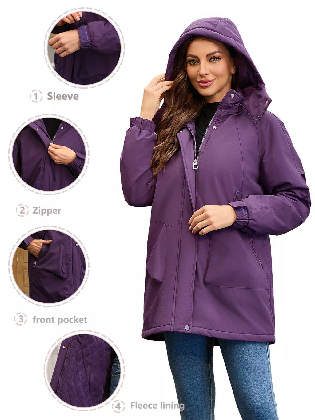Sarah Express Women's Hooded Mid-Length Windproof Outerwear Plus Size