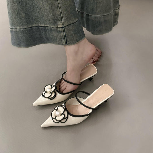 Sarah Express Chanel-Style Pointed Toe High Heel Mules for Women - Elegant French Office Heels