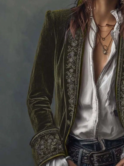 Sarah Express Women's Embroidered Velvet Jacket - Long Sleeve Outerwear