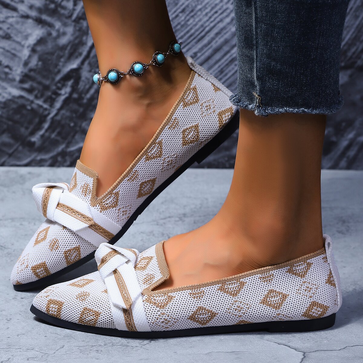 Sarah Express Bow-Tie Loafers | Breathable Mesh Slip-On Pointed Toe Flats White Square