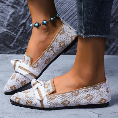 Sarah Express Bow-Tie Loafers | Breathable Mesh Slip-On Pointed Toe Flats White Square