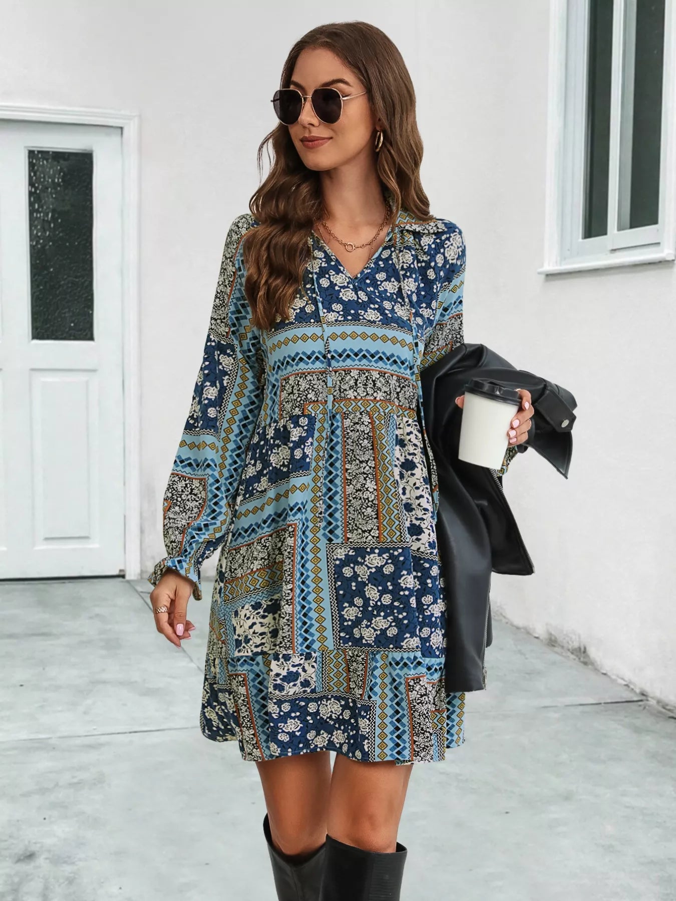Sarah Express Women's Boho Floral Print Long Sleeve Mini Dress Navy