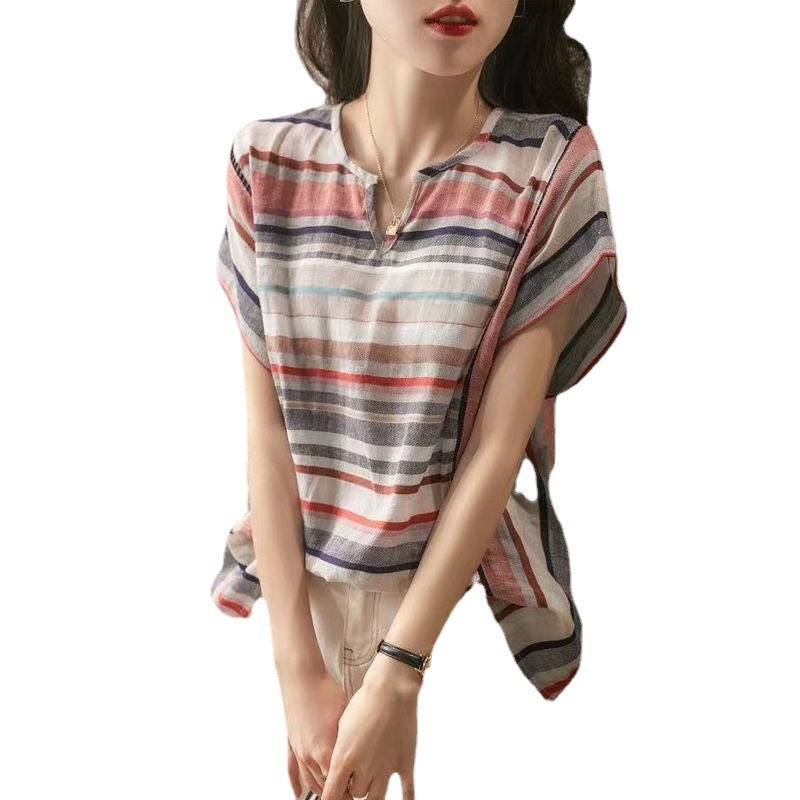 Sarah Express Women's Striped Long Sleeve Button-Up Shirt Loose Fit V-Neck Cardigan Top