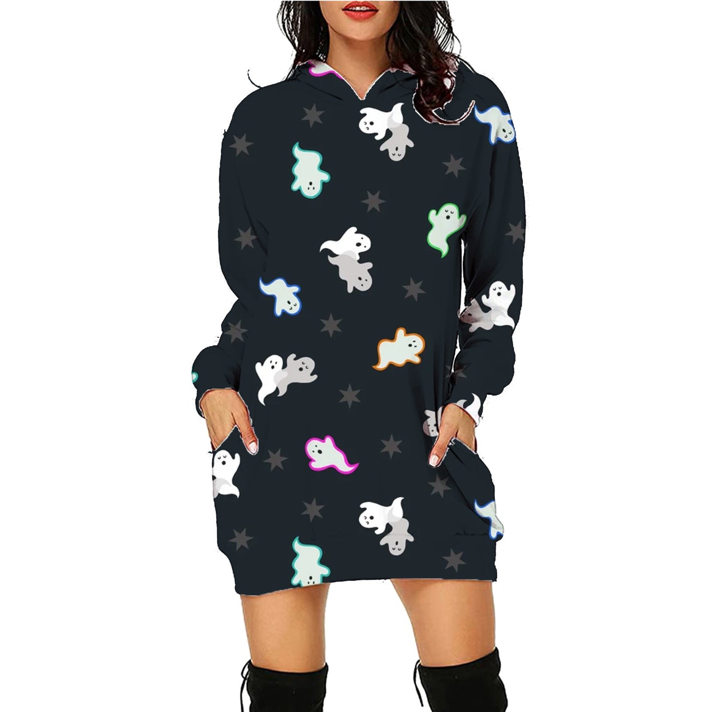 Sarah Express Halloween Print Long Hoodie With Pockets - Women's Oversized Sweater SC16