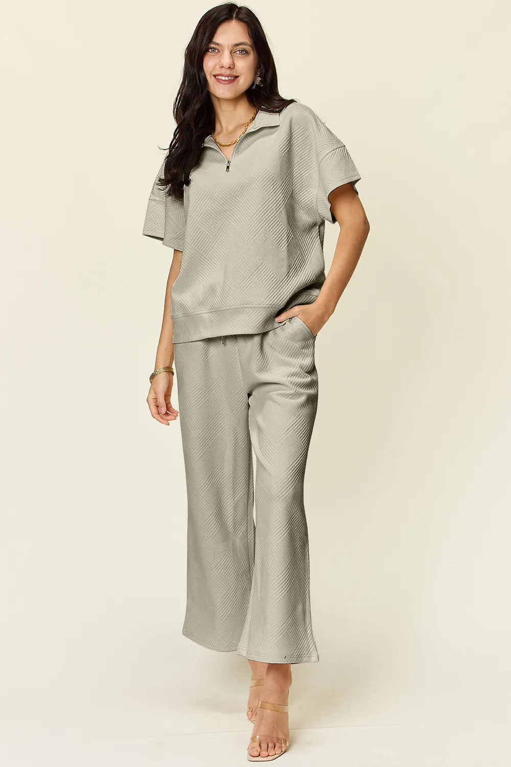 Sarah Express Women’s Plus Size Textured Half Zip Top and Pants Set
