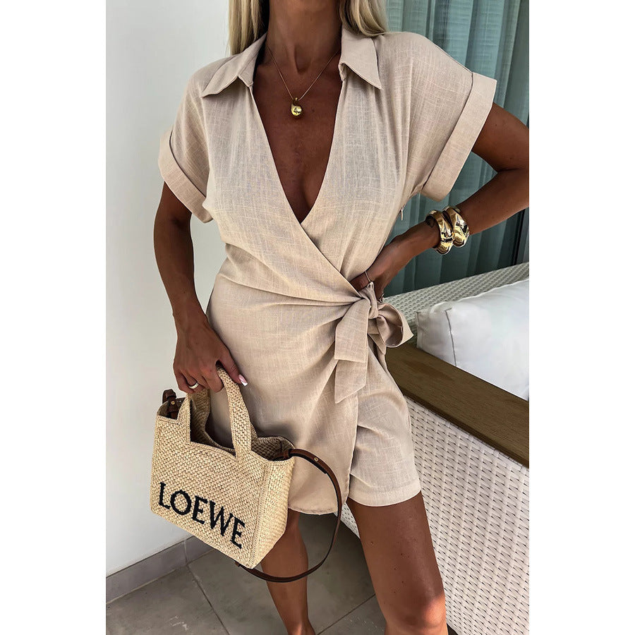 Sarah Express Lace-Up Collar Jumpsuit Romper Shorts Casual Vacation One Piece