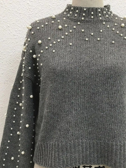 Sarah Express Women's Pearl-Embellished Mock Neck Sweater