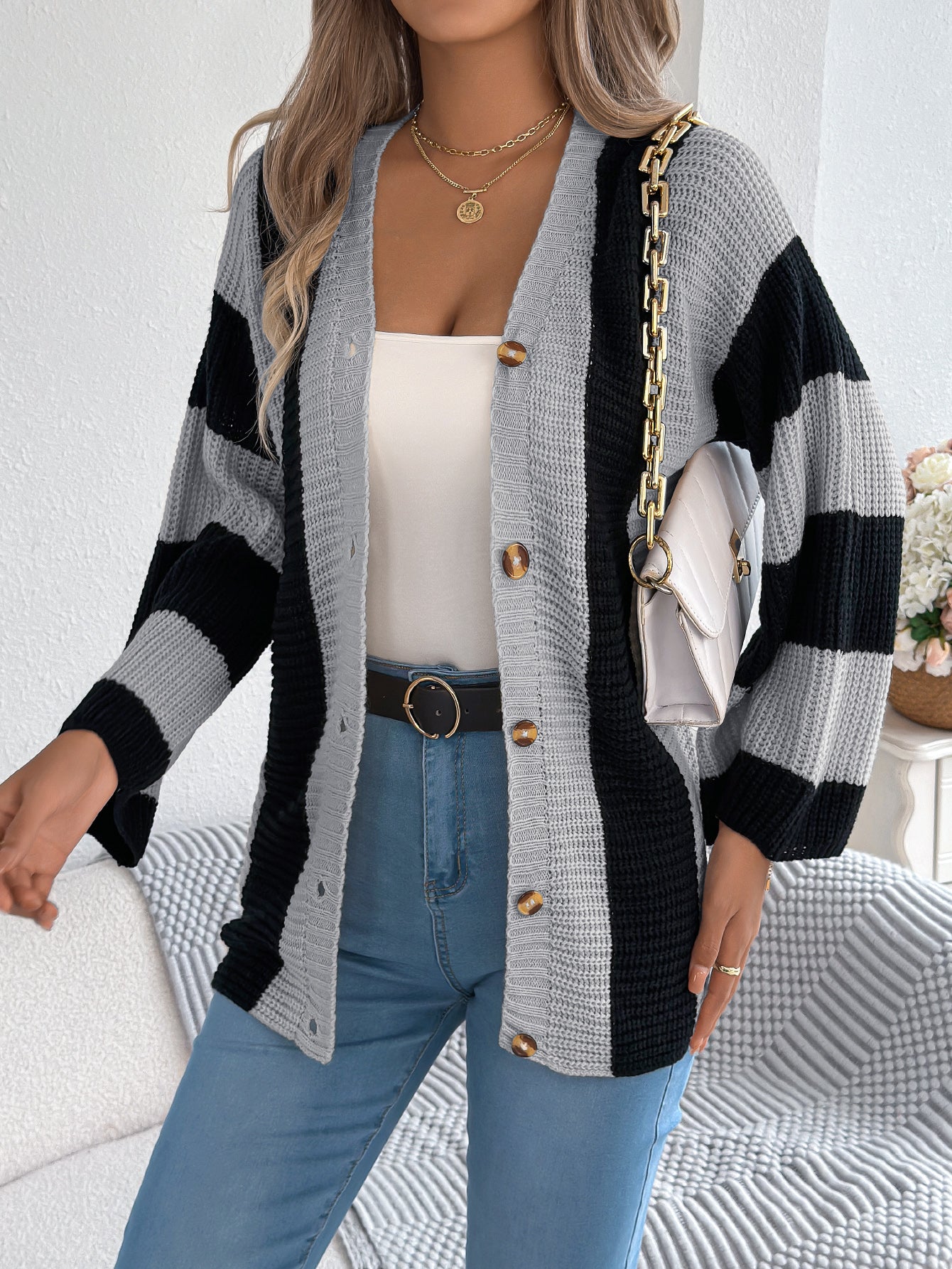 Sarah Express Women's Color Block Stripe Cardigan Sweater with Bell Sleeves - Long Sleeve Knit Coat