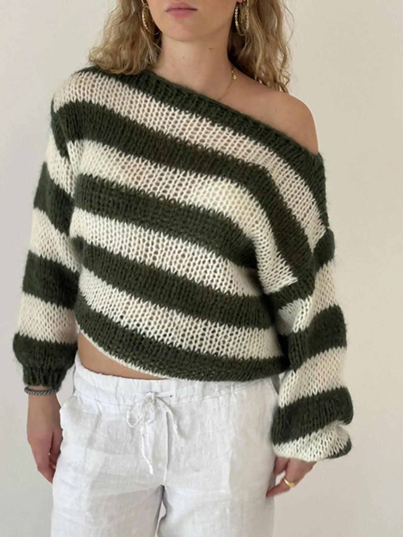 Sarah Express Women's Striped Knit Long Sleeve Sweater Army Green