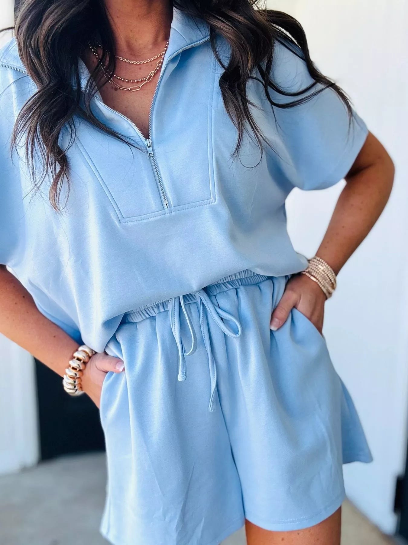 Sarah Express Women's Half Zip Sweatshirt Set - Loose Fit Short Sleeve 2 Piece Outfit