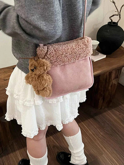 Sarah Express Women's Teddy Bear Charm Plush Crossbody Bag - Mini Suede Shoulder Bag