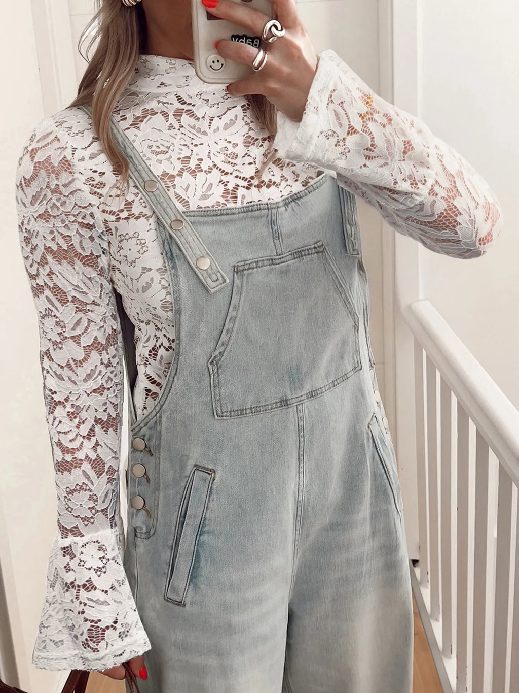 Sarah Express Women's Lace Crochet Bell Sleeve Mock Neck Blouse White