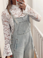 Sarah Express Women's Lace Crochet Bell Sleeve Mock Neck Blouse White