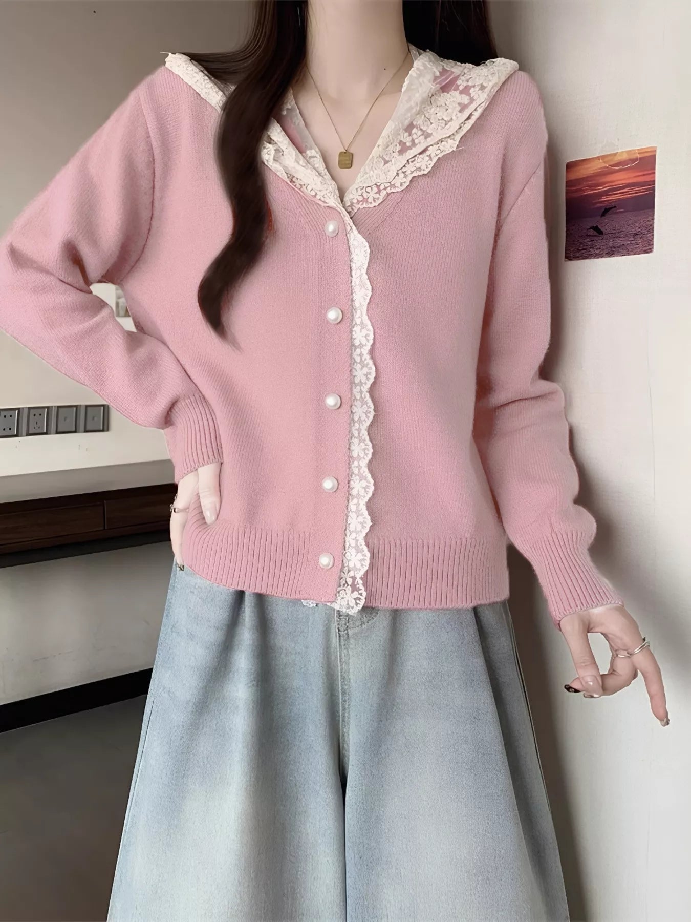 Sarah Express Women's Lace Trim Hooded Cardigan