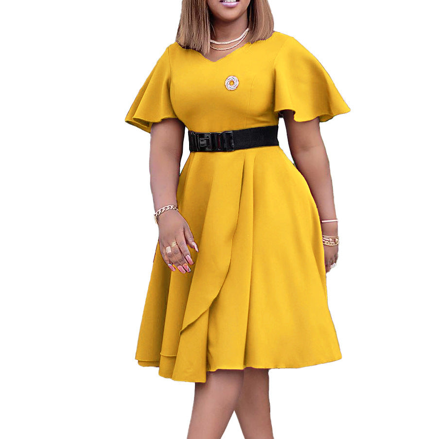 Sarah Express Women's Flared Sleeve Belted High Waist Mid-Length Dress Plus Size
