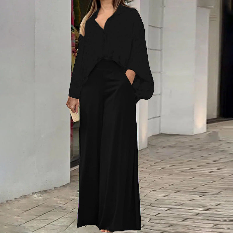 Women's Loose Elegant Printed Shirt and Wide Leg Pants Two-Piece Set
