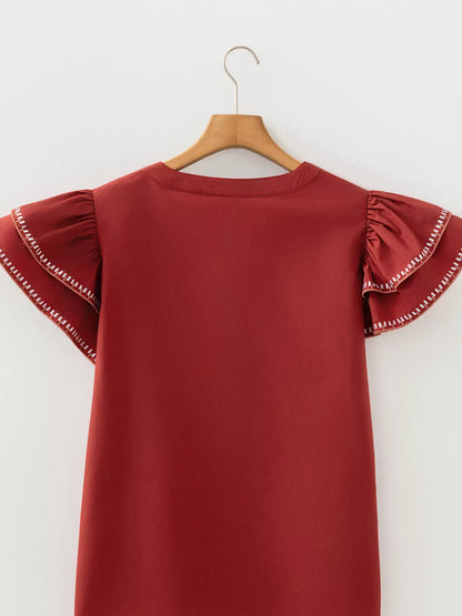 Sarah Express Women's Contrast Trim Flutter Sleeve V-Neck Blouse