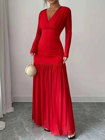 Sarah Express Women's Ruched Surplice Long Sleeve Maxi Dress - Elegant Tie Detail Red