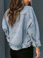 Sarah Express Women's Distressed Leopard Denim Jacket Drop Shoulder Pocketed Fall Casual Statement Outerwear