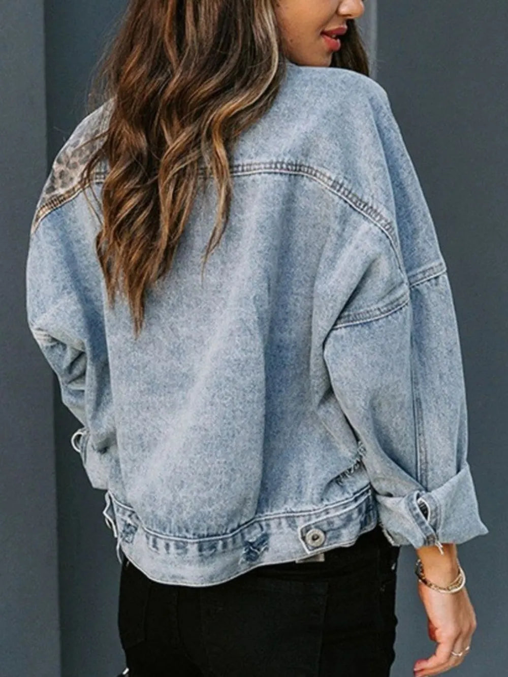 Sarah Express Women's Distressed Leopard Denim Jacket Drop Shoulder Pocketed Fall Casual Statement Outerwear