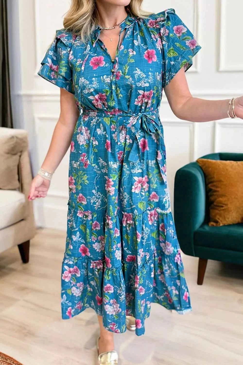 Sarah Express Women's Floral Flutter Sleeve Belted Maxi Dress - Cotton Button Front Split Neck Dress Sky Blue