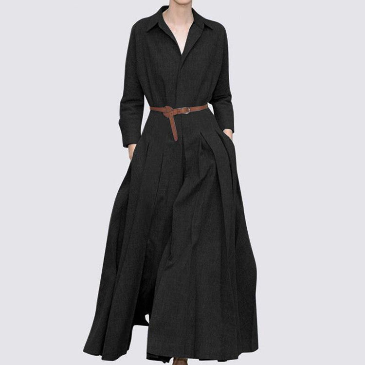 Sarah Express Women's Solid Color Pleated Dress Cotton Linen Casual