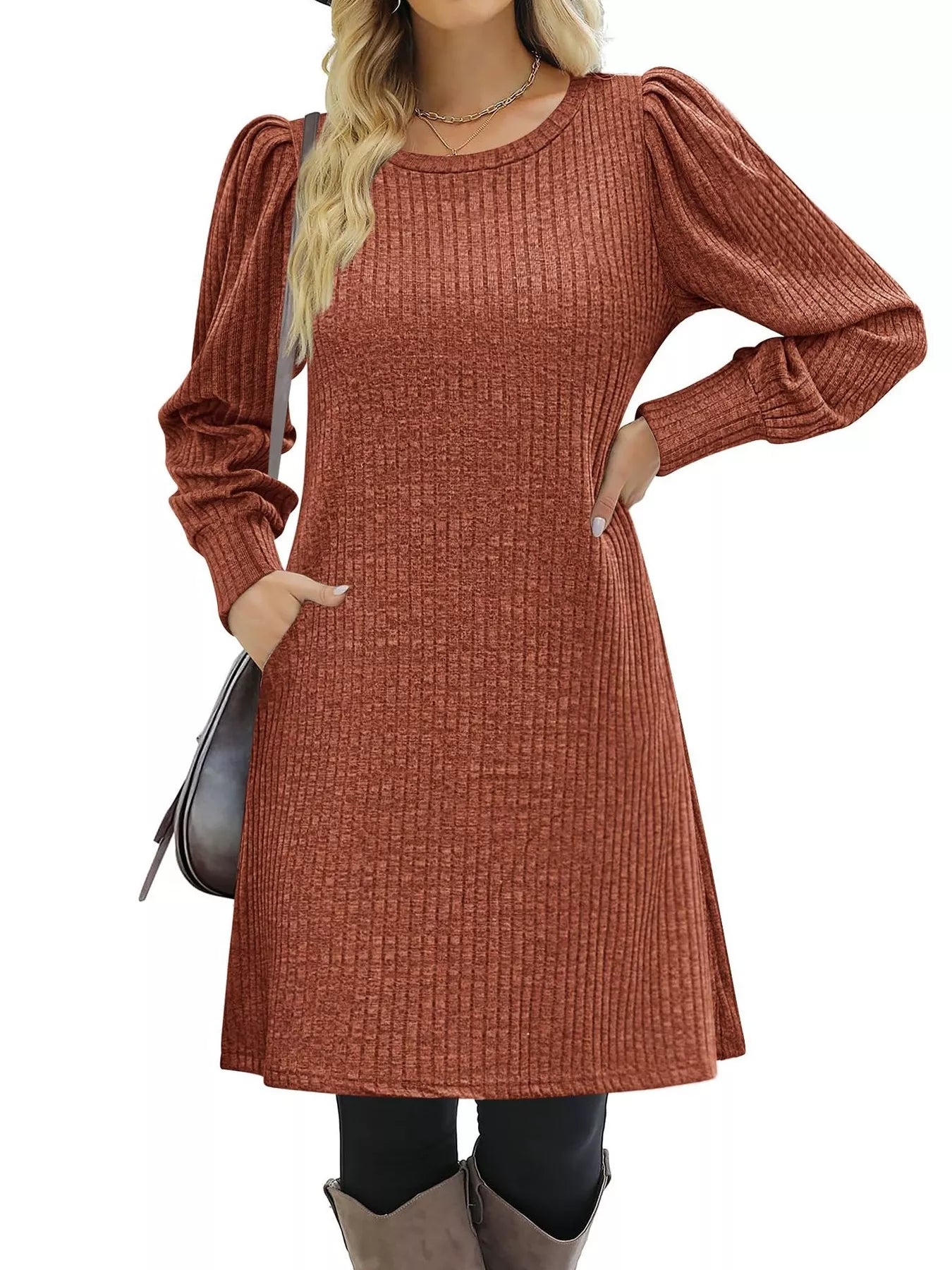 Sarah Express Women's Ribbed Knit Puff Sleeve Mini Dress