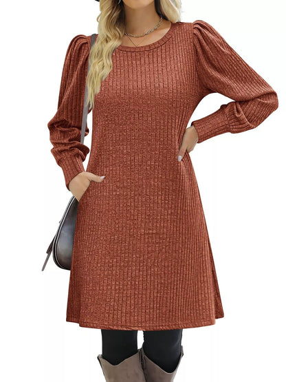 Sarah Express Women's Ribbed Knit Puff Sleeve Mini Dress