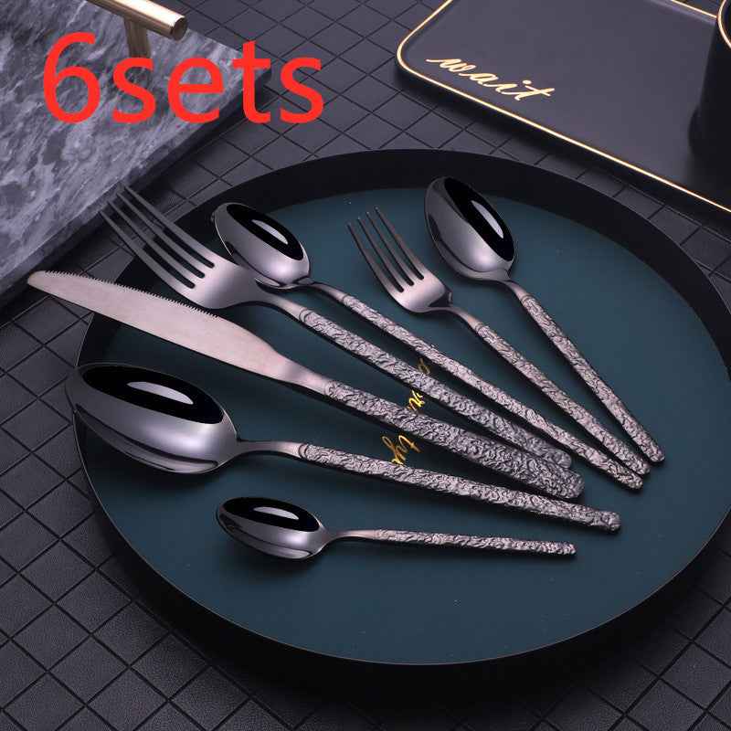 Sarah Express Premium Stainless Steel Steak Knife Fork Set - Embossed Handle Western Cutlery Black 7PCS 6sets