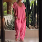 Sarah Express Women's V-Neck Oversized Jumpsuit Quarter Sleeve Pockets Casual Street Style Spring Summer