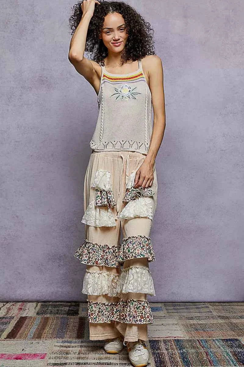 Sarah Express Women's Embroidered Floral Square Neck Knit Cami Top