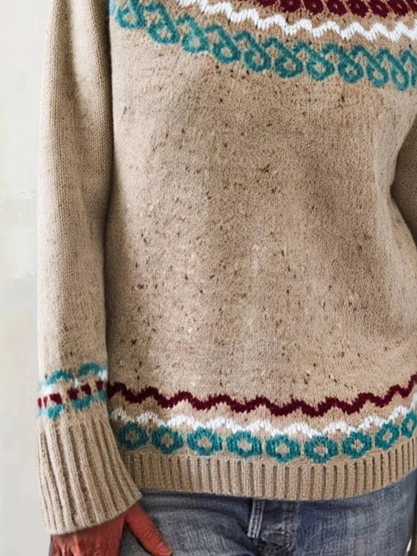 Sarah Express Women's Vintage Patterned Round Neck Sweater Plus Size