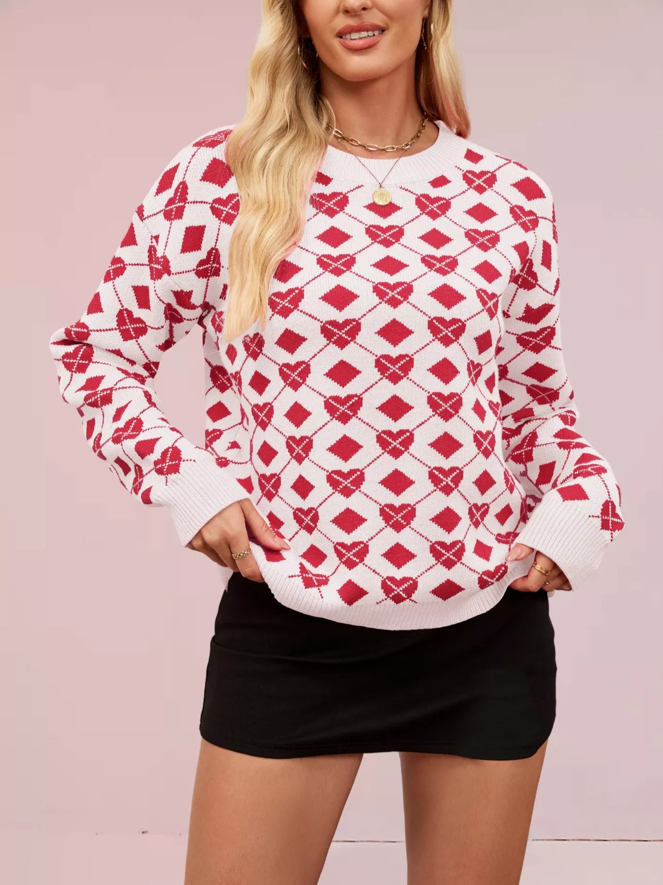 Sarah Express Women's Heart & Diamond Pattern Long Sleeve Sweater Red
