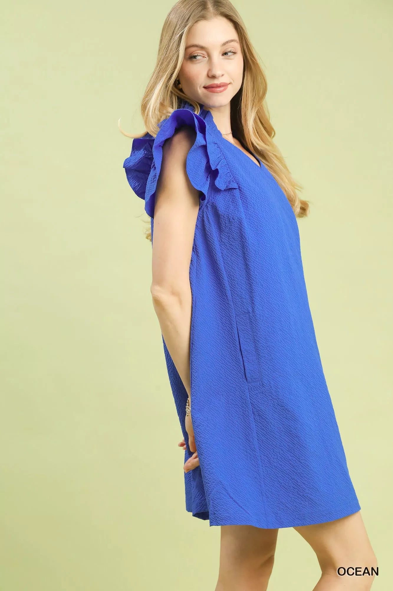 Sarah Express Women's Seersucker Ruffle Shift Dress