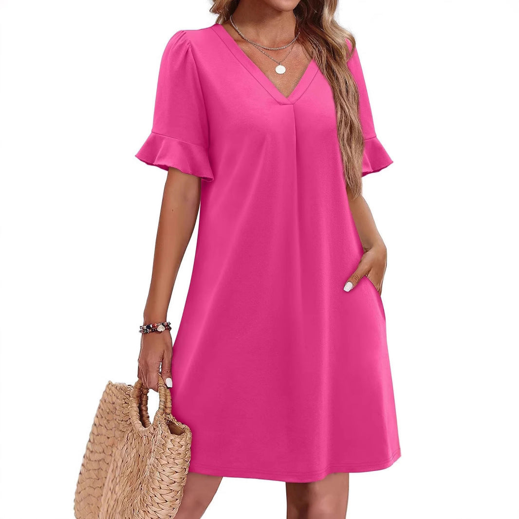 Sarah Express Women's V-Neck Ruffled A-Line Dress with Pockets Vacation Casual Short Sleeve