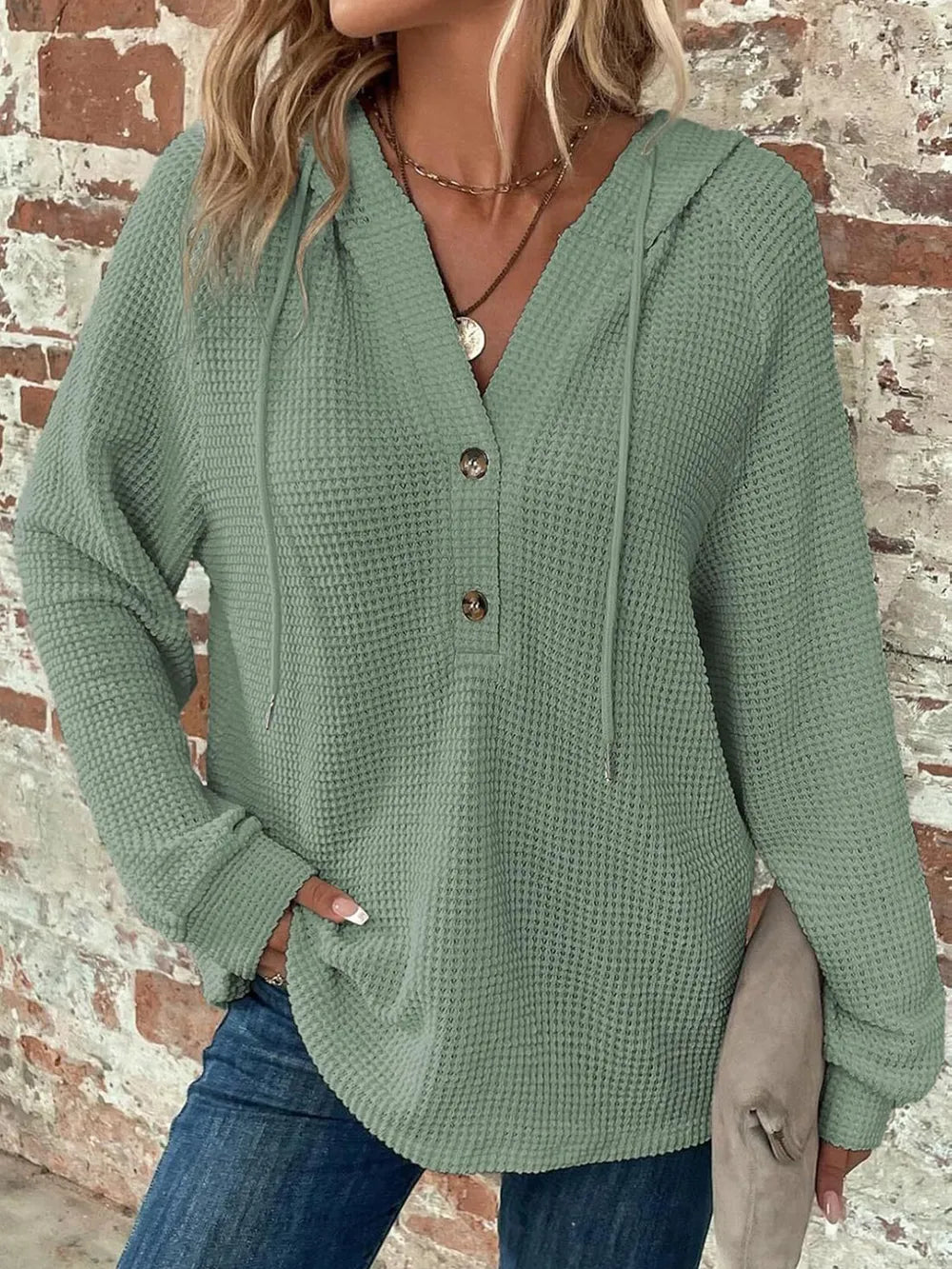 Sarah Express Women's Waffle Knit Long Sleeve Drawstring Hooded Top Sage