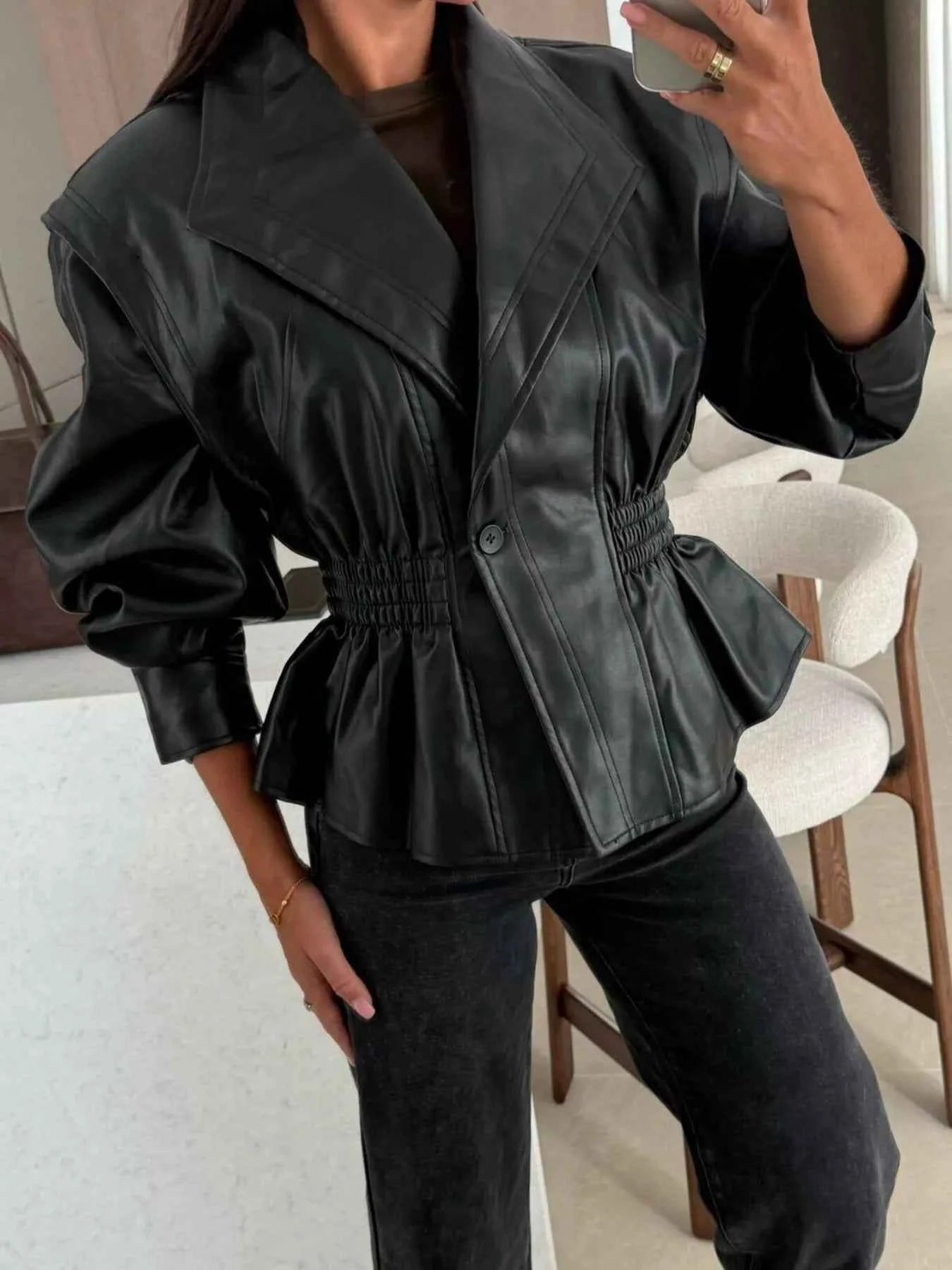 Sarah Express Women's Peplum Waist Faux Leather Jacket - Ruched Button Front Moto Jacket Black