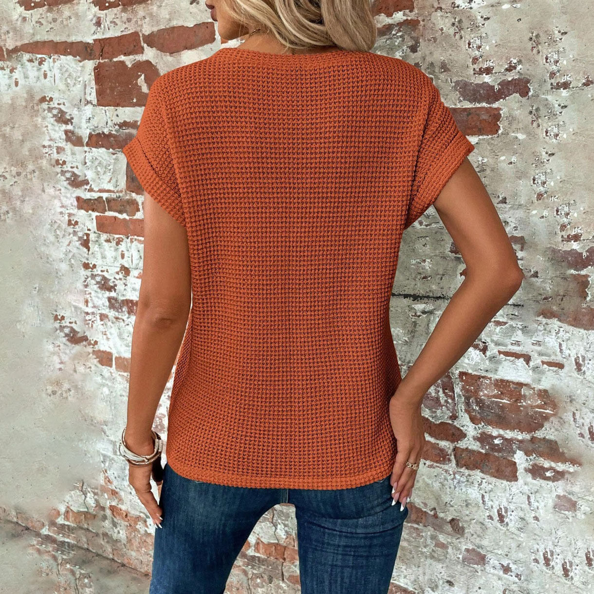 Sarah Express Women's Waffle Texture Crew Neck T-Shirt Short Sleeve Polyester Summer Top