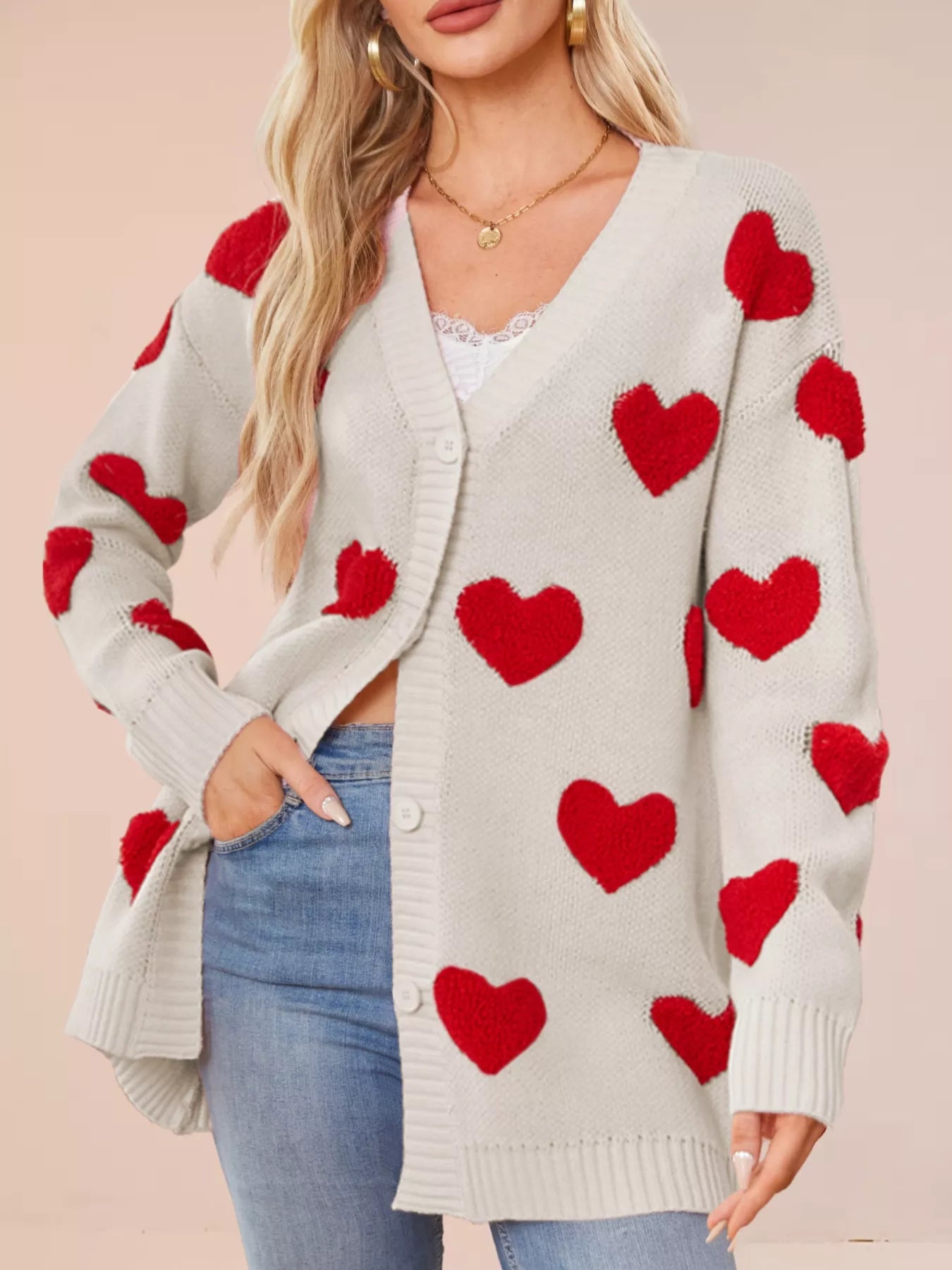 Sarah Express Women's Heart Pattern Knit Button-Up Cardigan