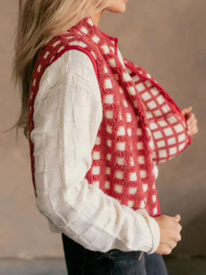 Sarah Express Women's Plaid Zip Up Vest Coat with Pockets - Sleeveless Outerwear Jacket