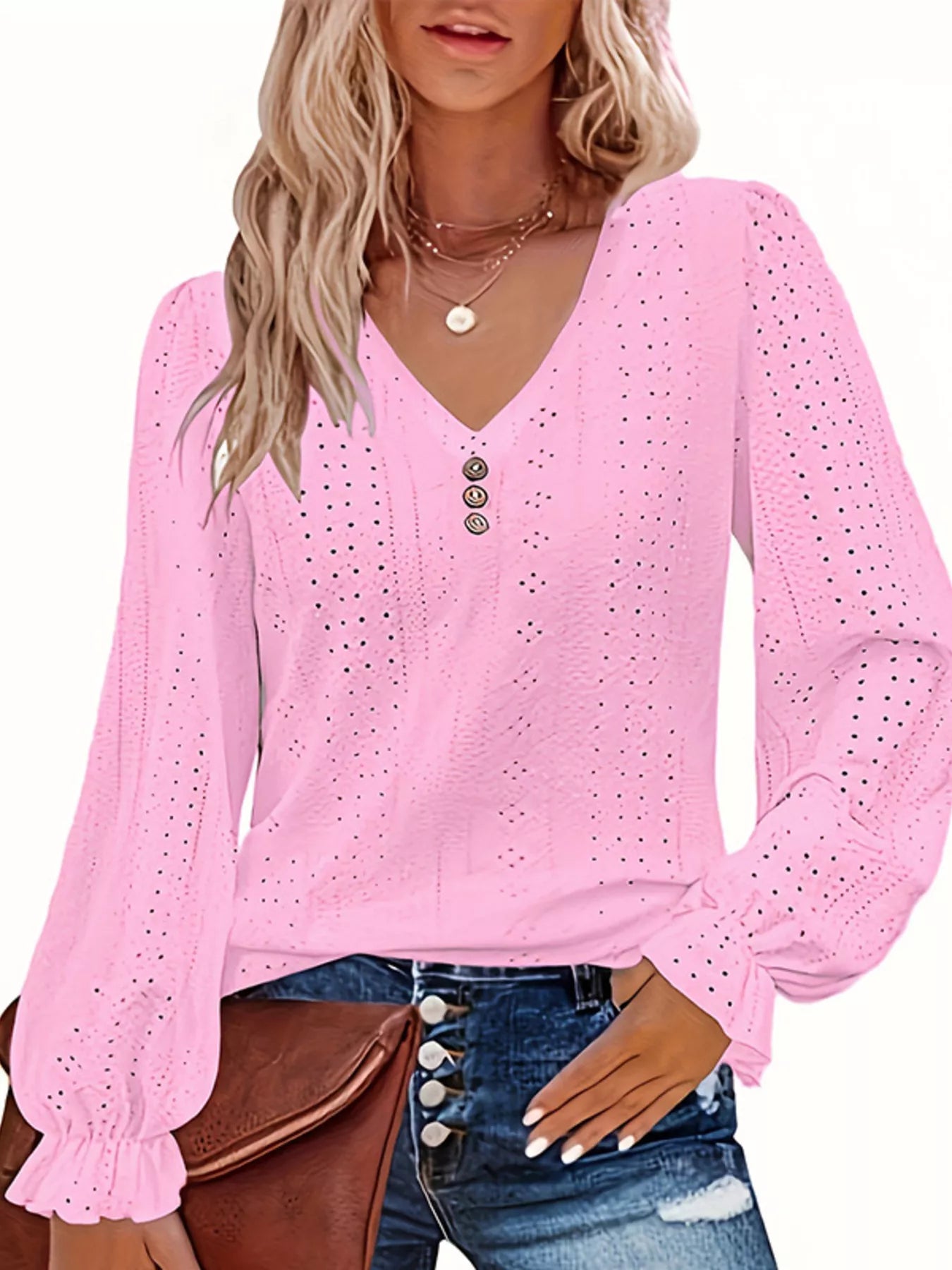 Sarah Express Women's Plus Size Eyelet V-Neck Flounce Sleeve Blouse Pink