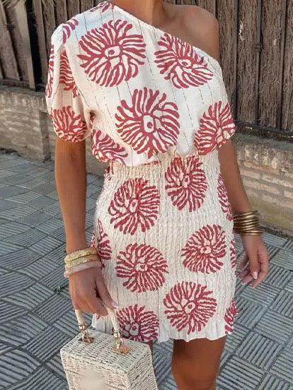 Sarah Express One Shoulder Printed Dress Red Asymmetric A-Line Party Dress