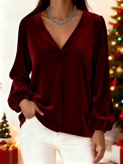 Sarah Express Women's Velvet V-Neck Balloon Sleeve Blouse Burgundy